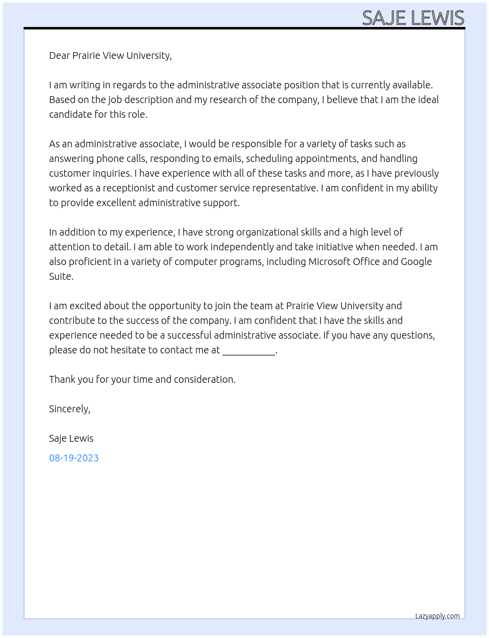 administrative associate At Prairie View University Cover Letter