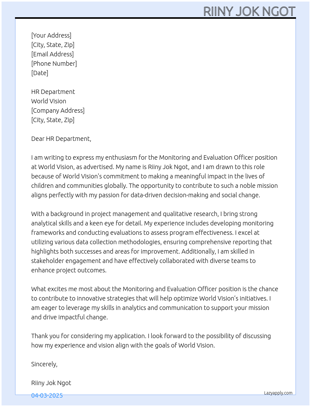 Monitoring and Evaluation officer At World vision Cover Letter