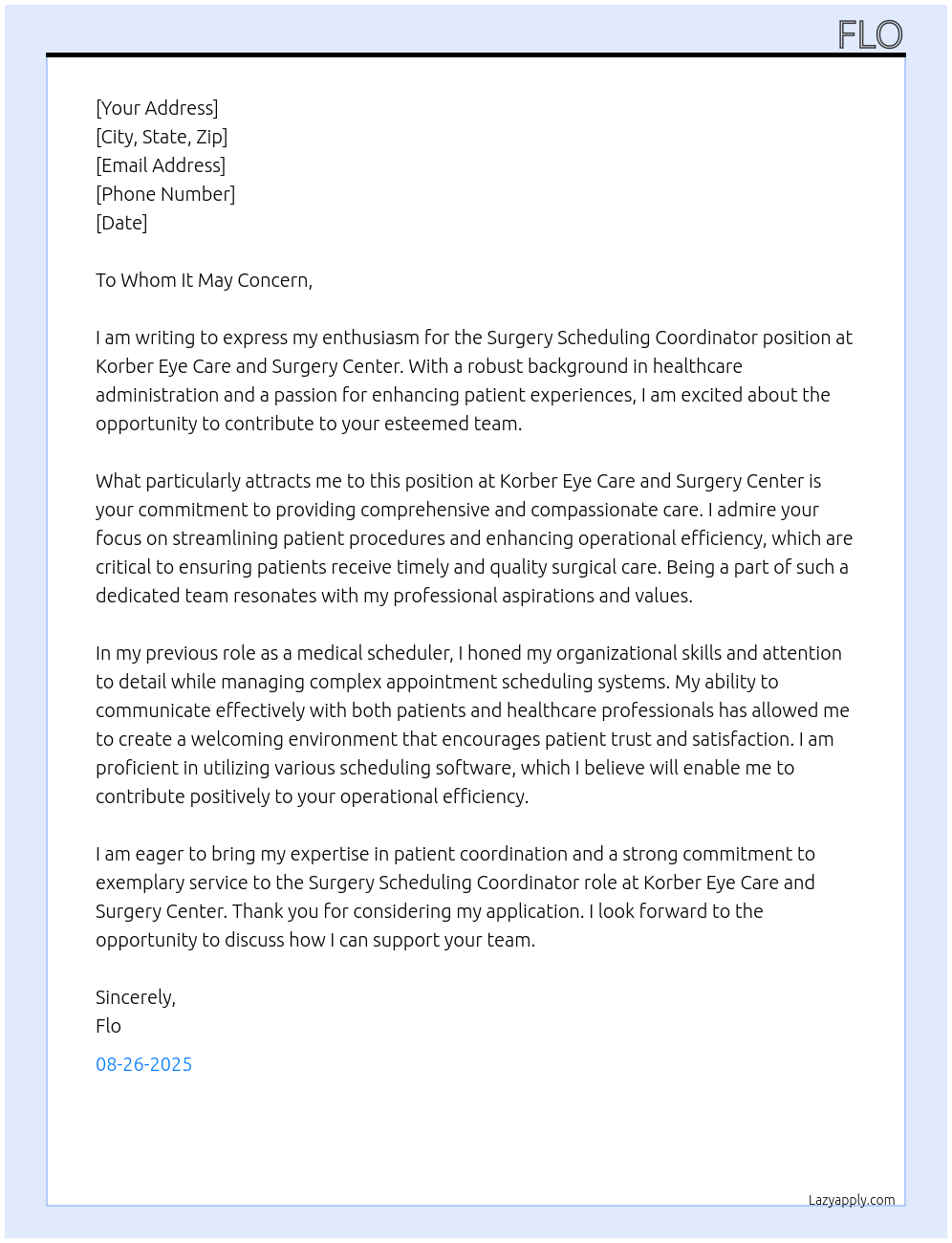 Surgery Scheduling Coordinator At Korber Eye Care and Surgery Center Cover Letter