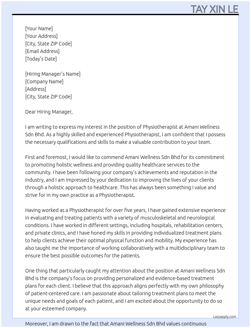 Physiotherapist At Amani Wellness Sdn Bhd Cover Letter