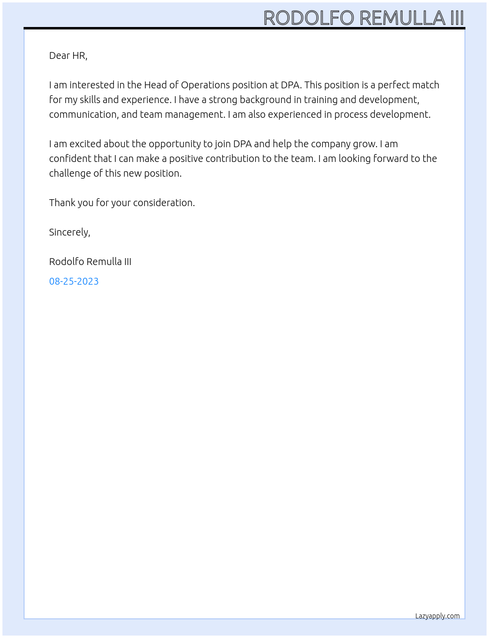 Head of Operations At DPA Cover Letter