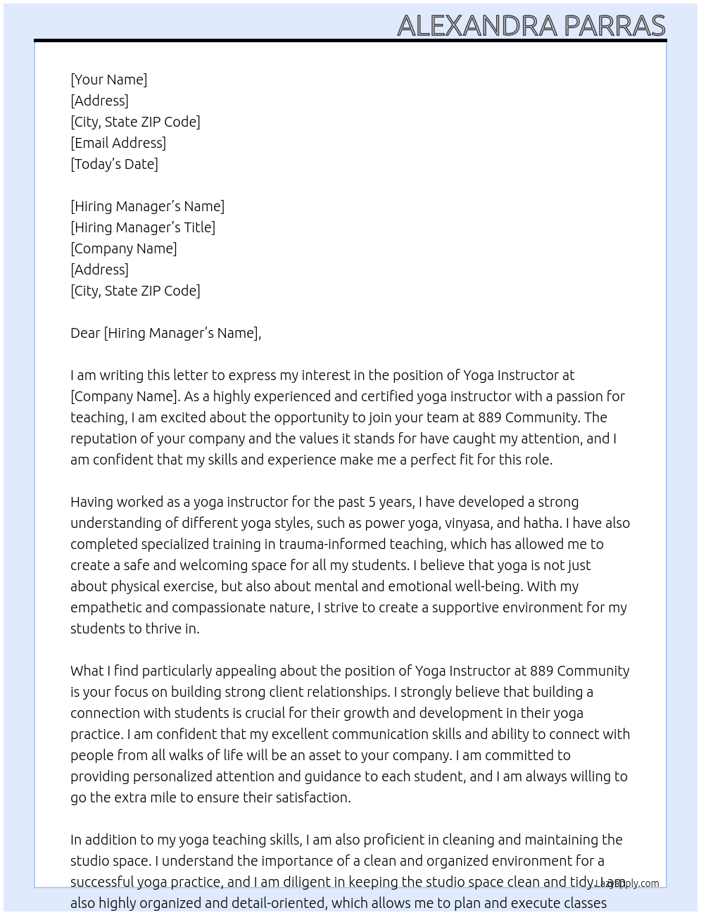 Yoga Instructor At 889 Community Cover Letter