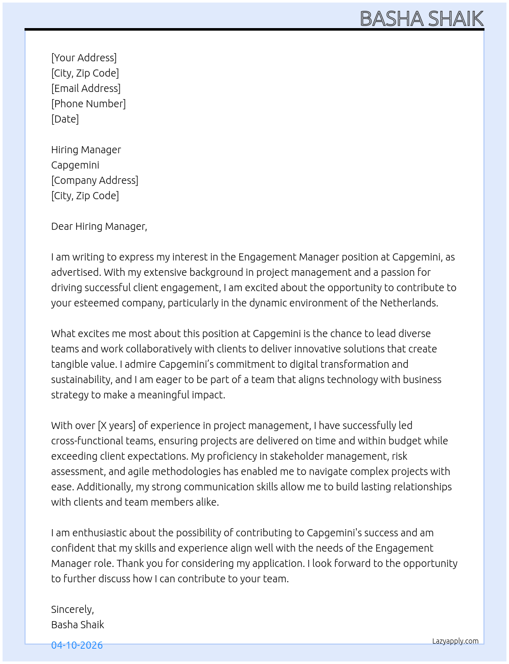 Engagement Manager At Capgemini Cover Letter