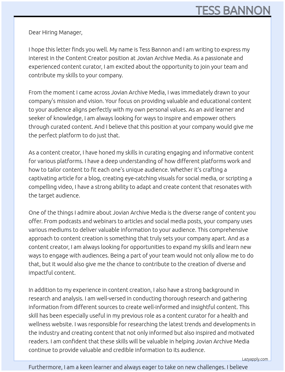 Content Creator At Jovian Archive Media Cover Letter