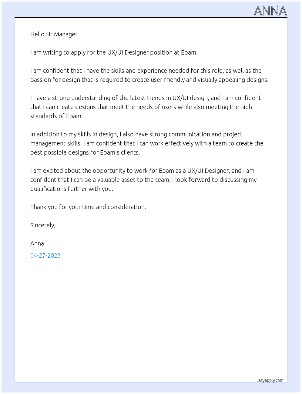 ux/ui designer At Epam Cover Letter
