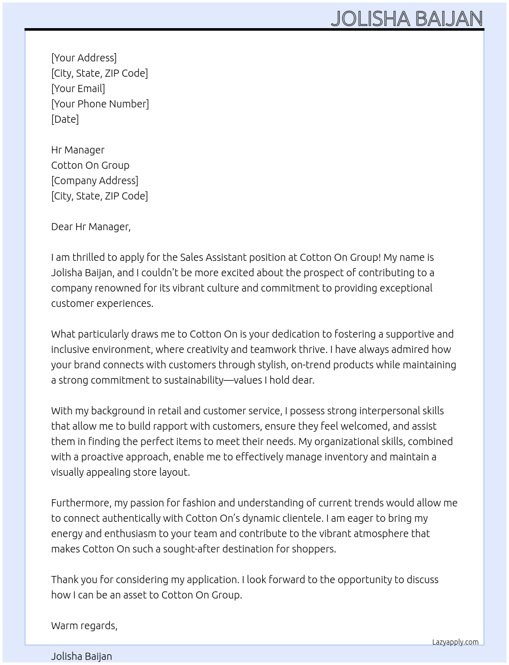 Sales Assistant At Cotton On Group Cover Letter