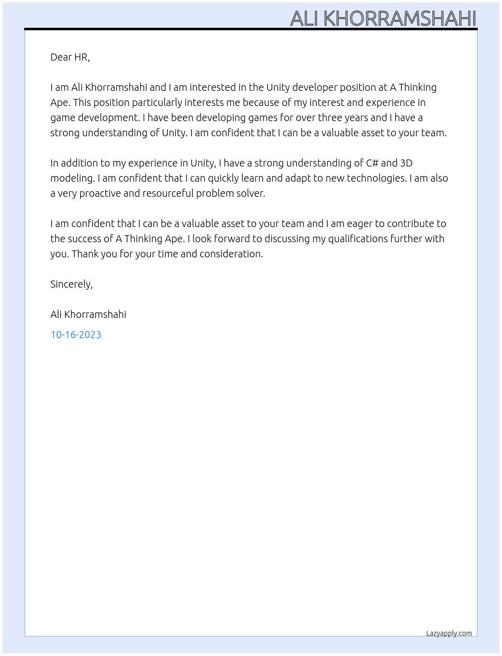 Unity developer At A Thinking Ape Cover Letter
