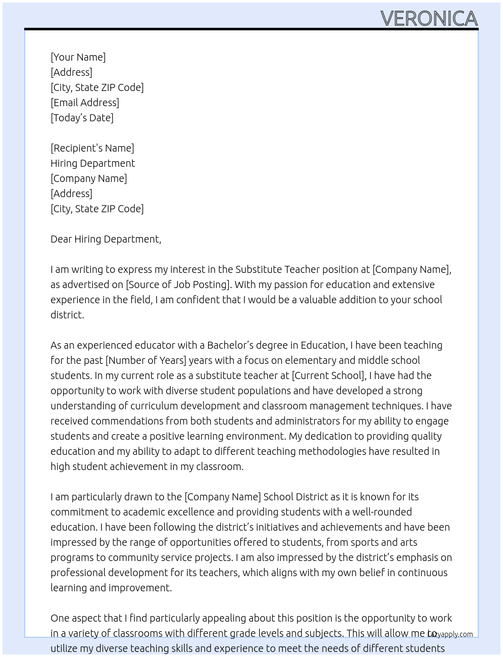 Substitute Teacher At School District Cover Letter