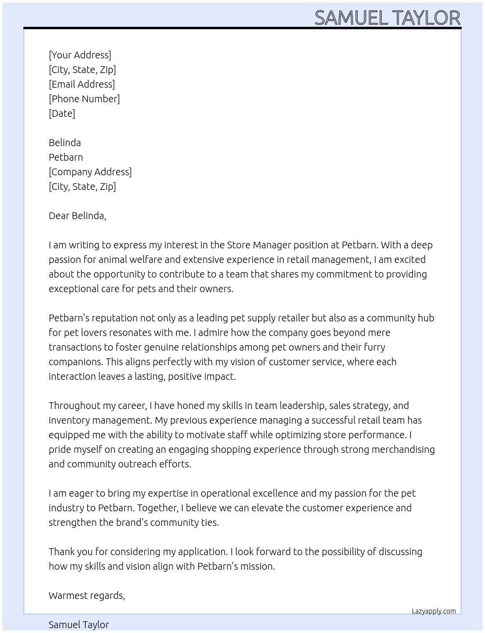 Store manager At Petbarn Cover Letter