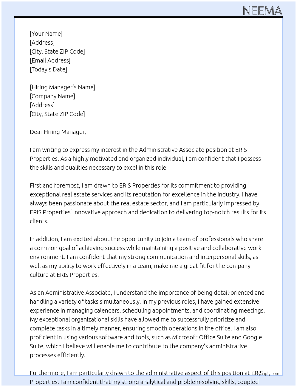 Administrative Associate At ERIS Properties Cover Letter
