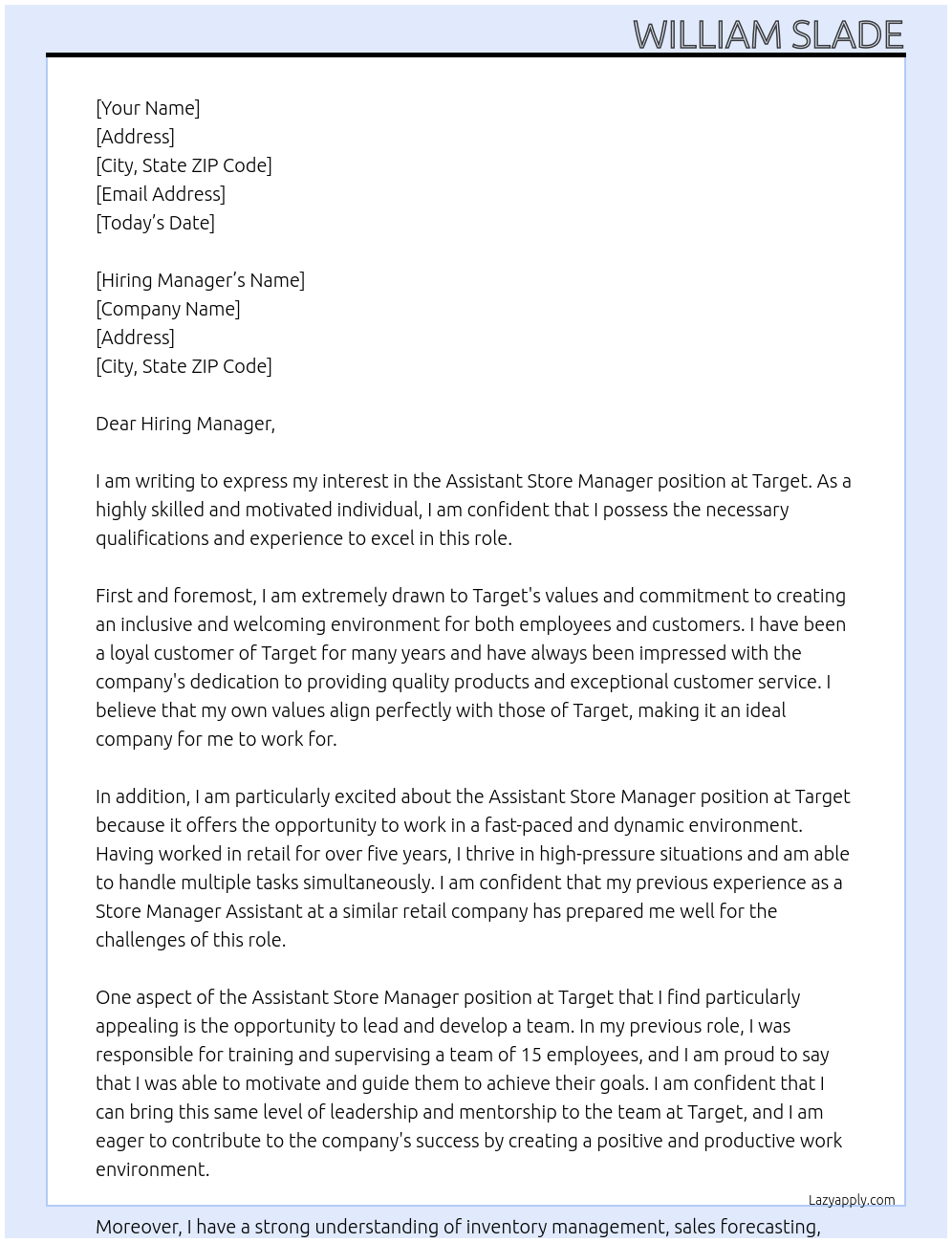 Assistant Store Manager At Target Cover Letter