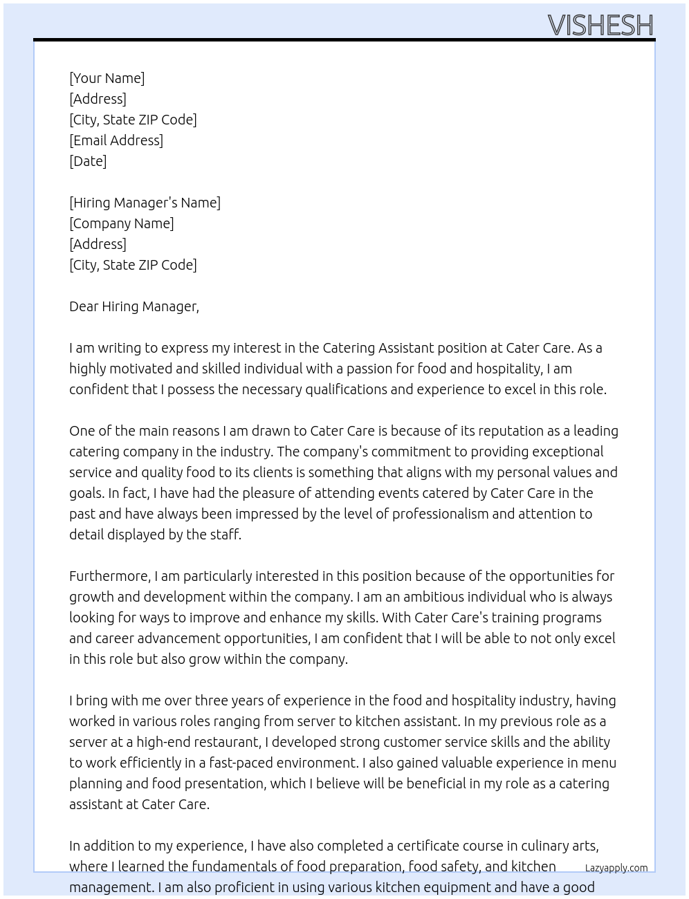 Catering Assistant At Cater Care Cover Letter