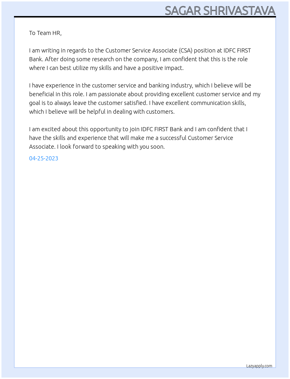 CSA At IDFC Private Banker-First Private  Cover Letter