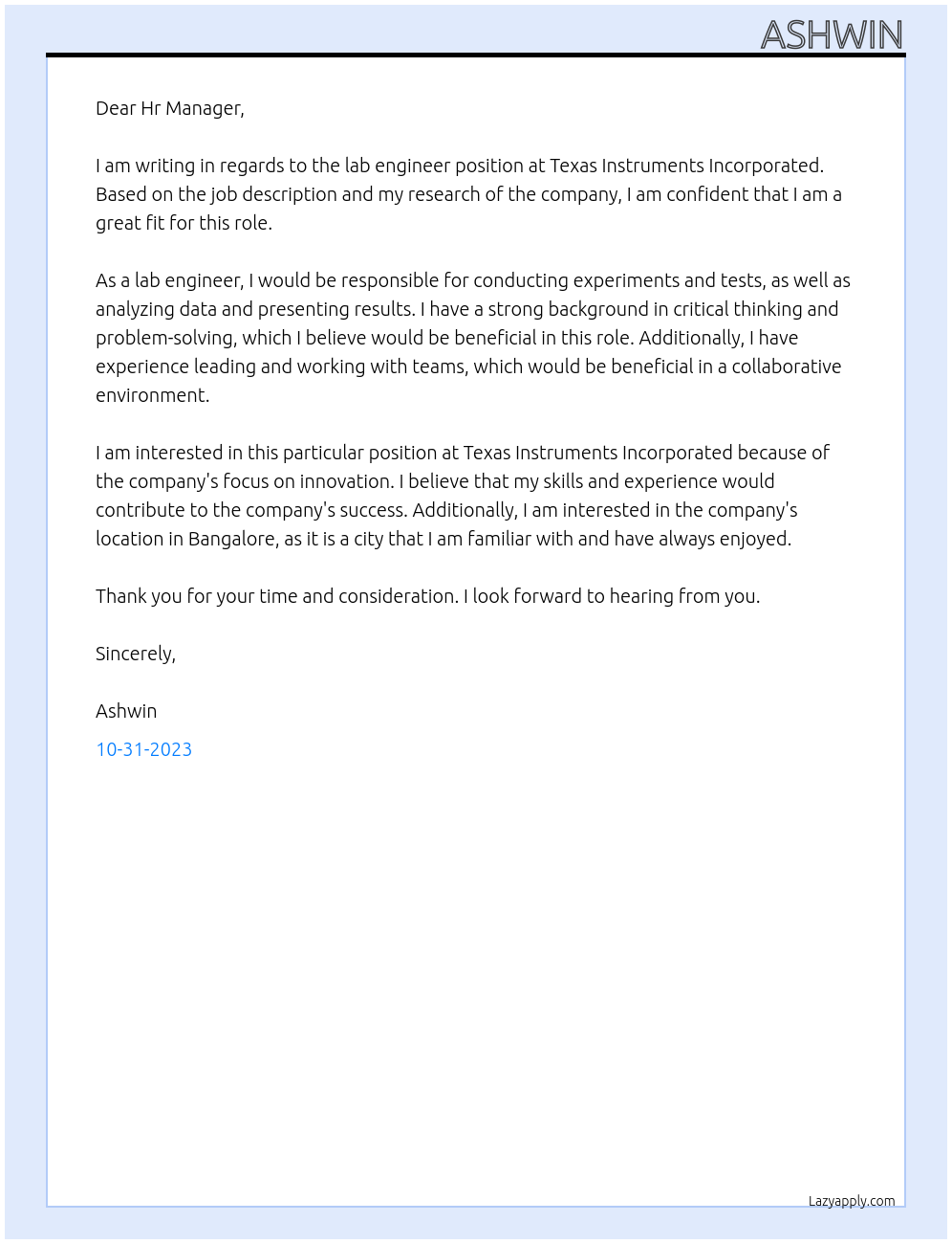 Lab Engineer  At Texas Instruments incorporated Cover Letter