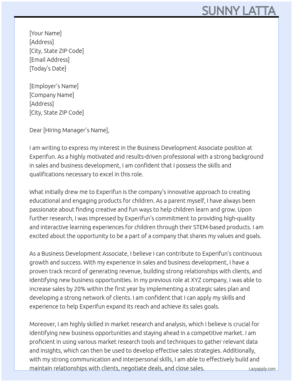 Business development associate At Experifun Cover Letter