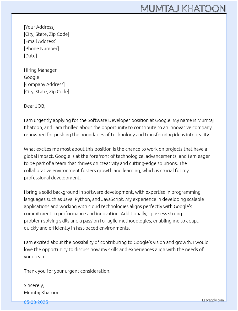 Software devloper At Google Cover Letter