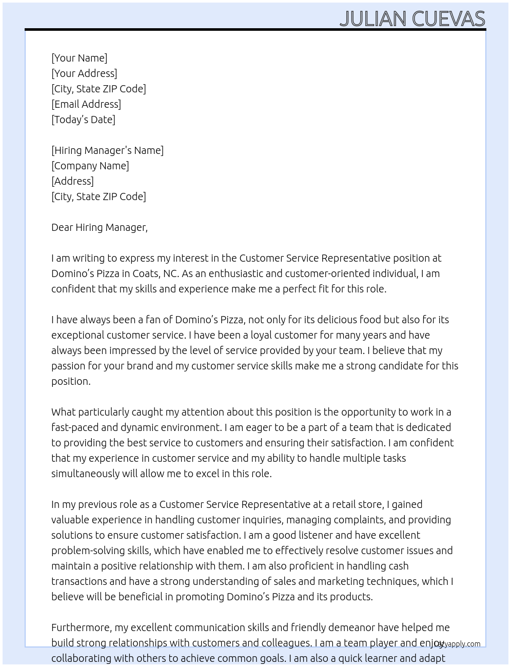 Customer service rep At Domino’s Pizza Cover Letter