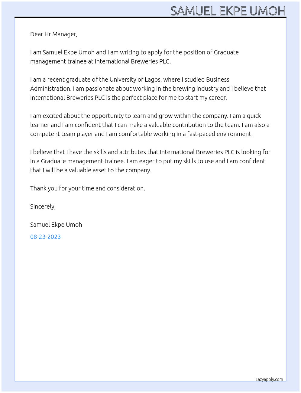 Graduate management trainee At International Breweries PLC Cover Letter