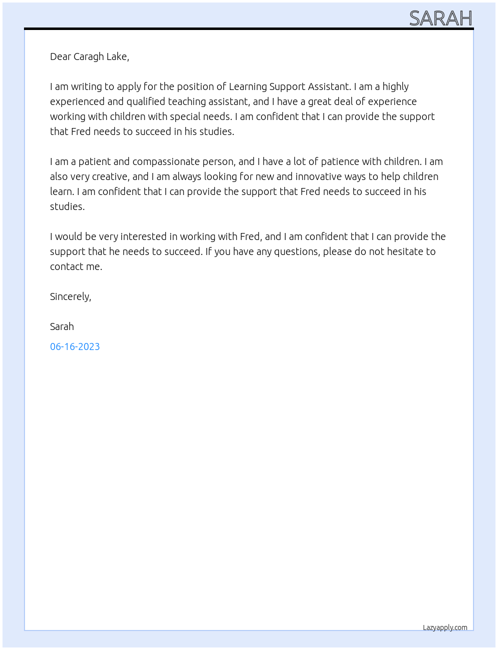 Learning support assistant At Caragh Lake Cover Letter