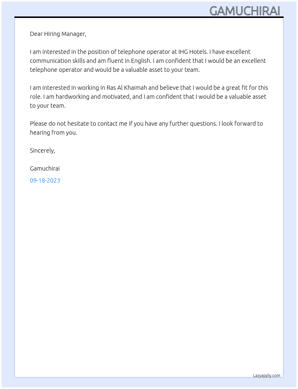 Telephone operator At IHG Hotels Cover Letter