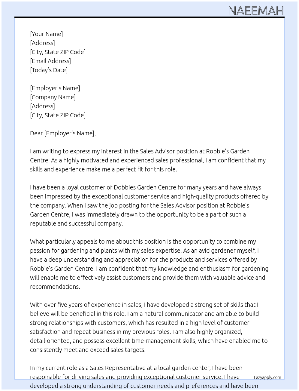 Sales advisor At dobbies garden centre Cover Letter