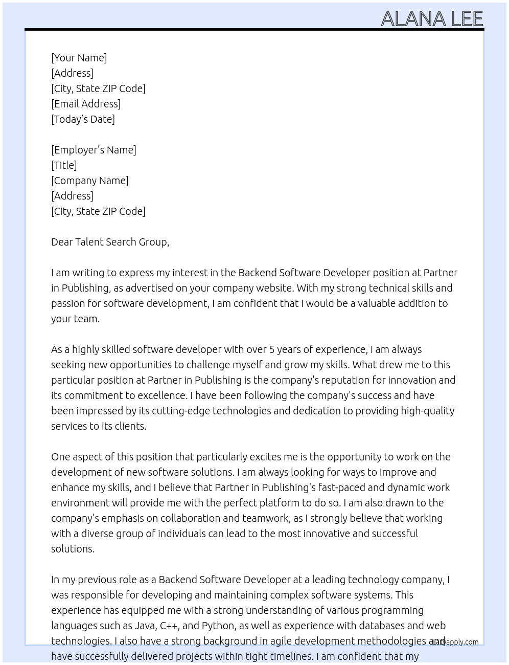 Backend Software Developer At Partner in Publishing Cover Letter