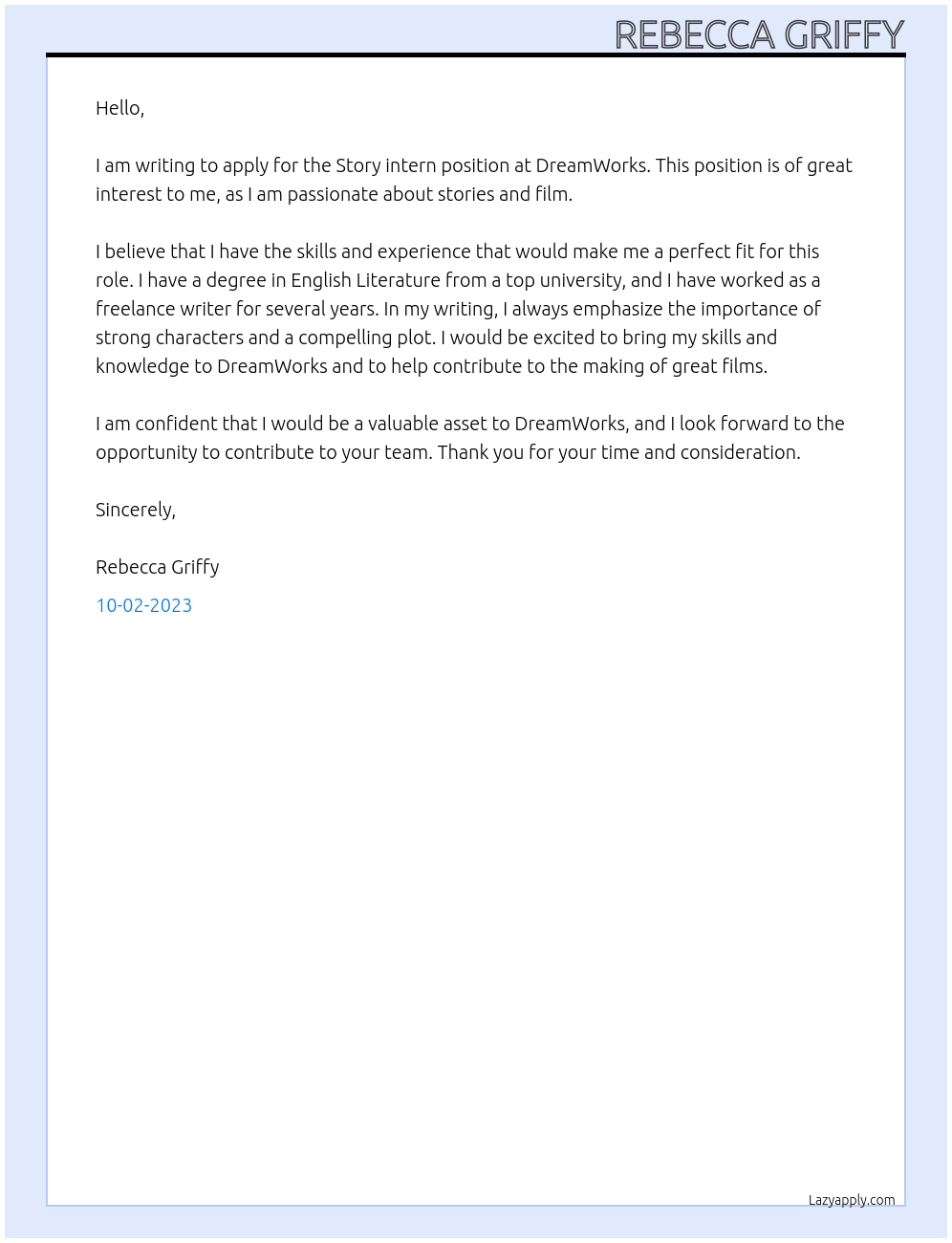 Story intern At DreamWorks  Cover Letter