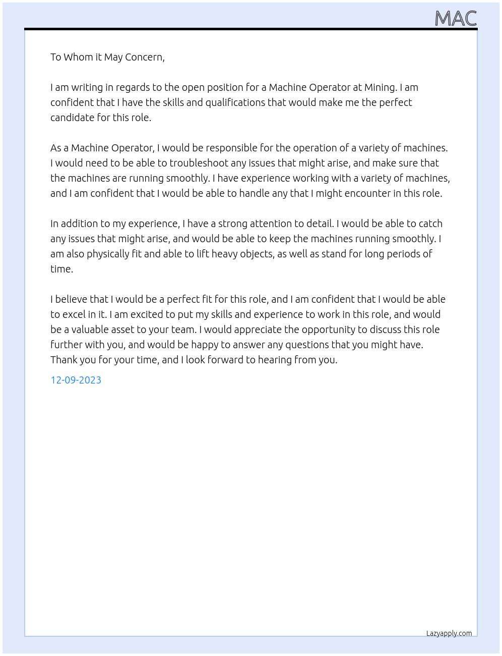 Machine Operator At Mining Cover Letter