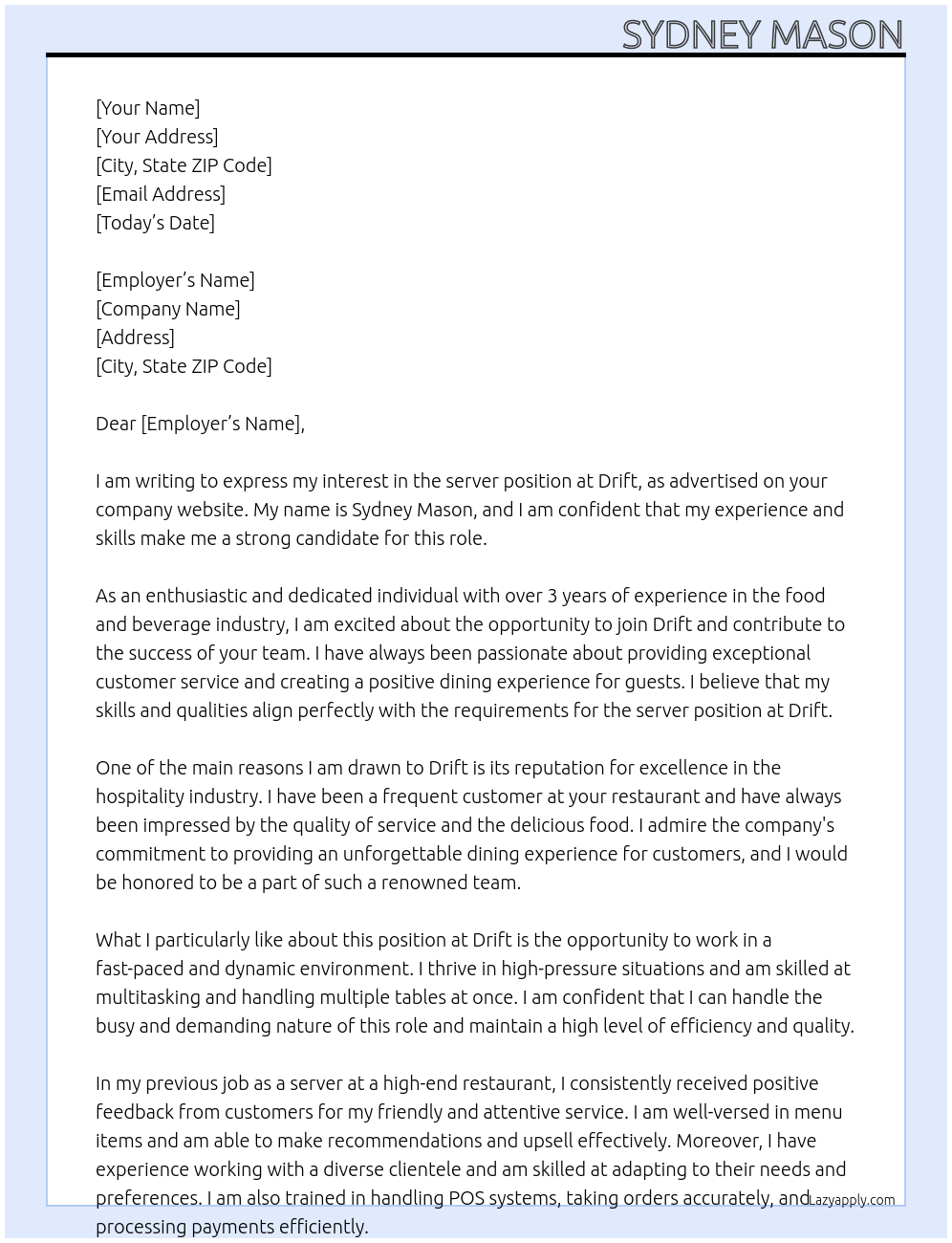 server At Drift Cover Letter