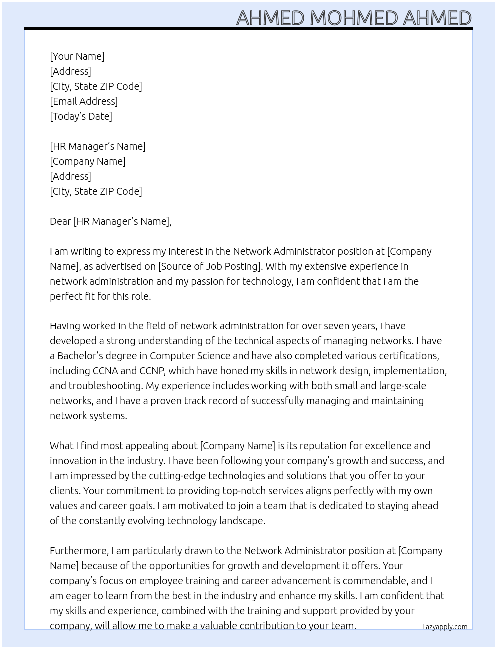 Network Administrator At mmd Cover Letter