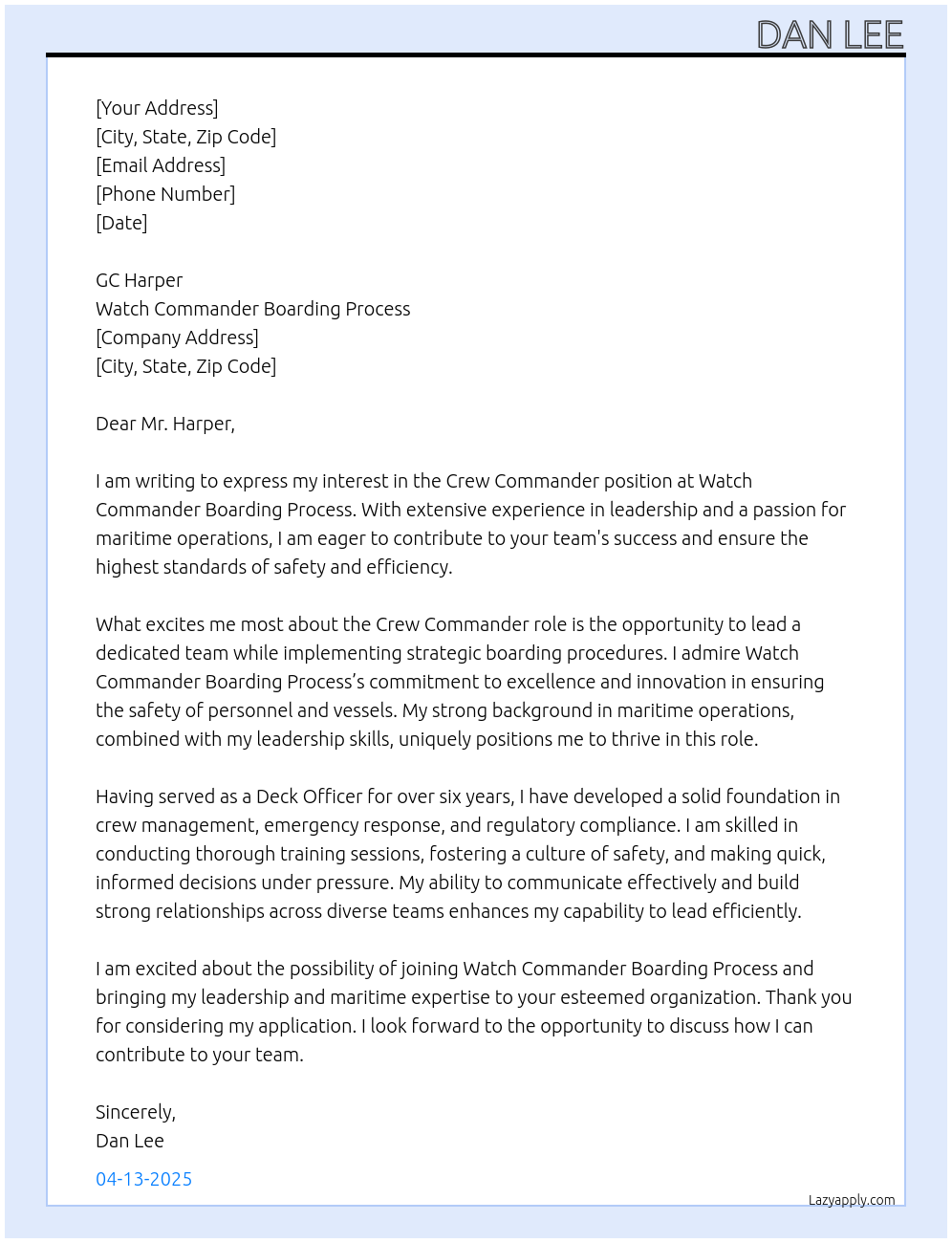Cover letter for crew commander - LazyApply