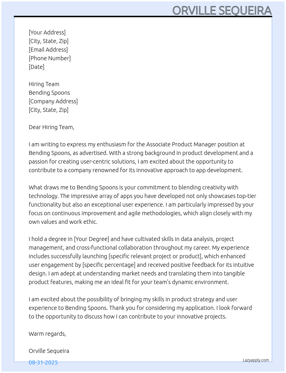 Associate Product Manager  At Bending Spoons Cover Letter