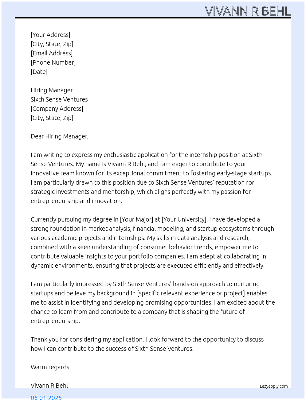 internship At Sixth Sense Ventures Cover Letter