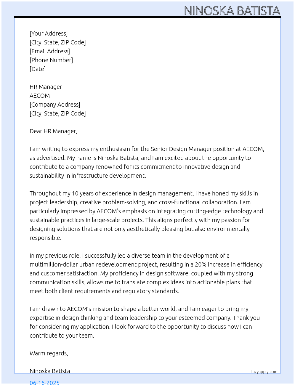 Senior Design Manager At AECOM Cover Letter