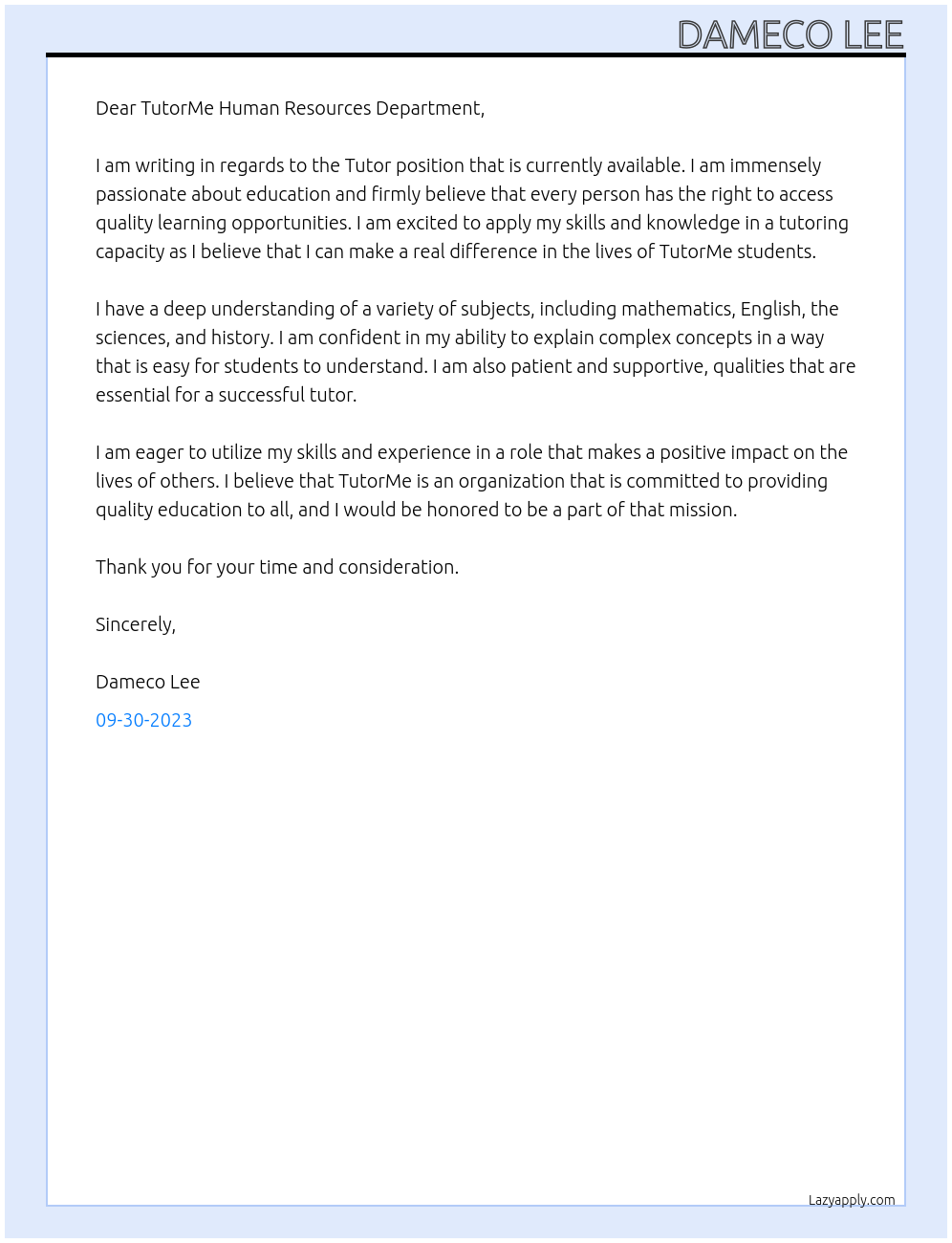 Tutor  At TUTORME Cover Letter