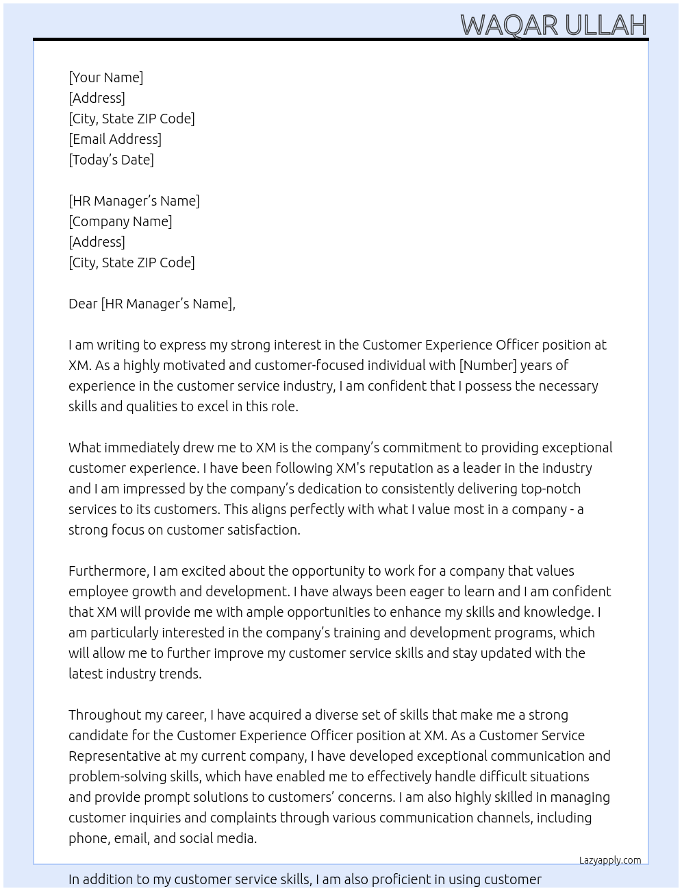 Customer Experience Officer At XM Cover Letter