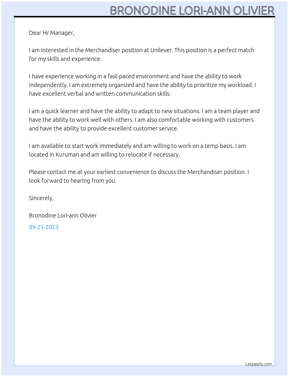 Merchandiser At Unilever Cover Letter