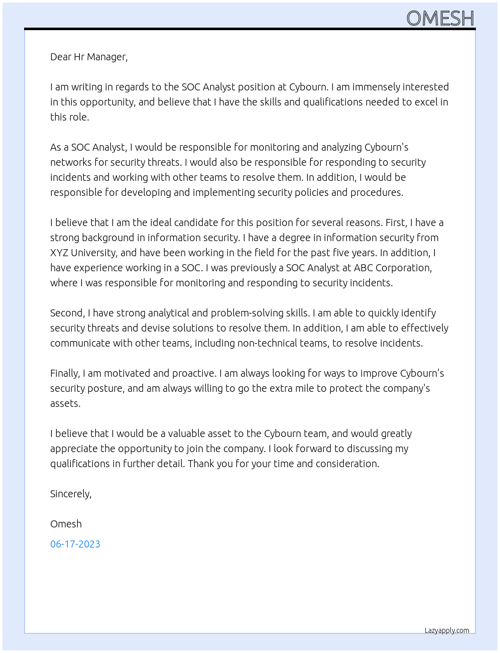 SOC Analyst At Cybourn Cover Letter