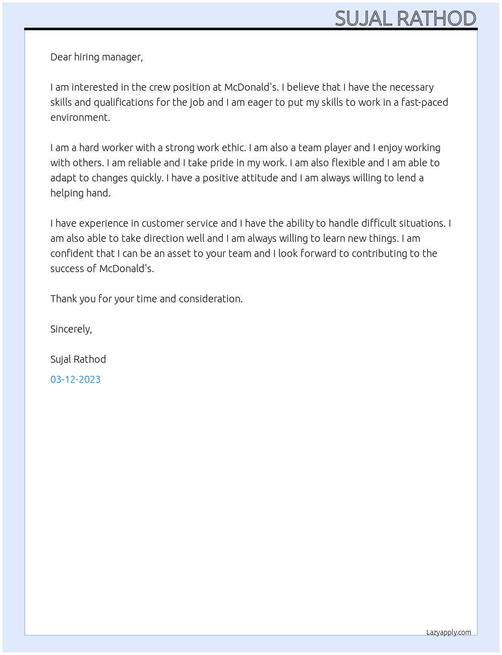 crew At Mc Donald Cover Letter