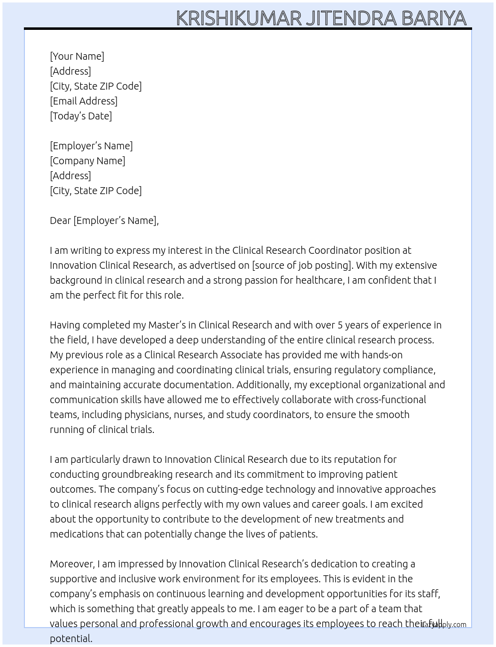 Clinical Research Coordinator At Innovation Clinical Research Cover Letter
