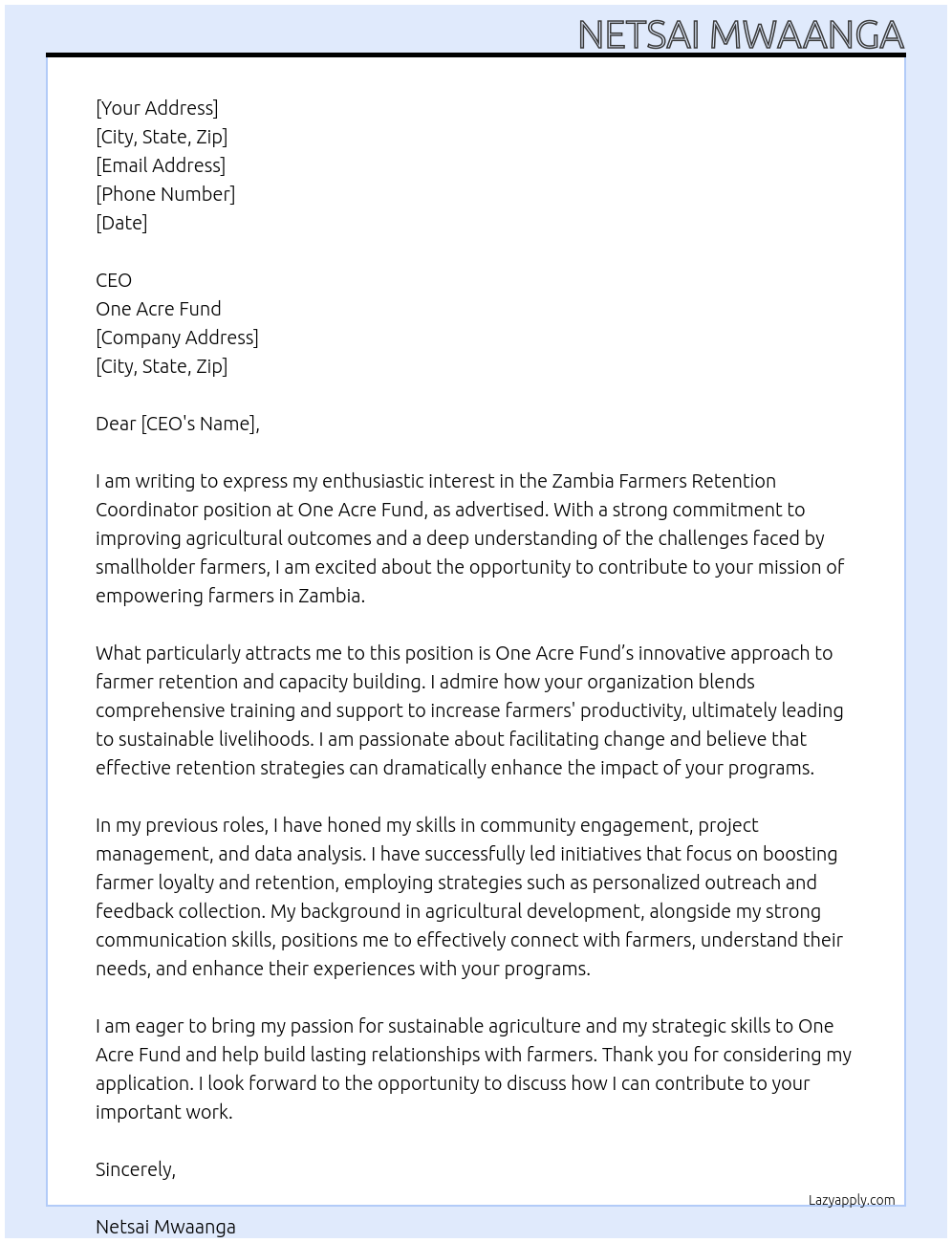 zambia farmers retention coordinator At one acre fund Cover Letter