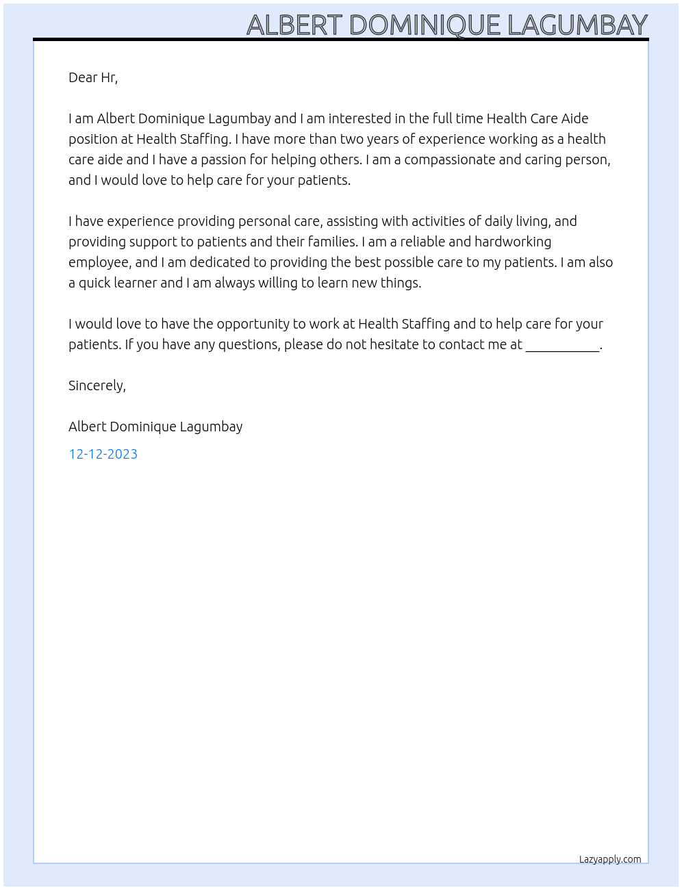 Health Care Aide At Health Staffing Cover Letter