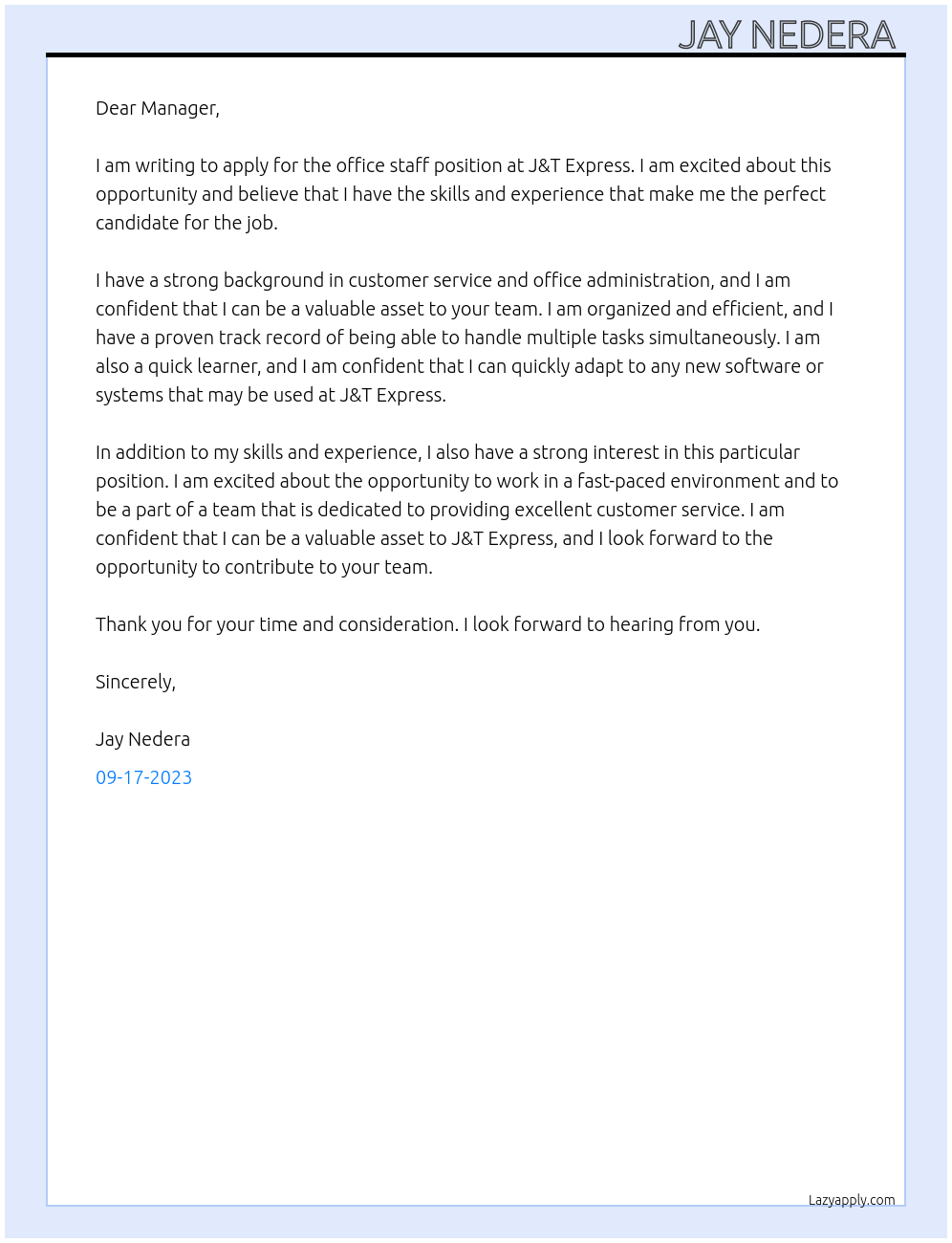 Office staff At J&T Express Cover Letter