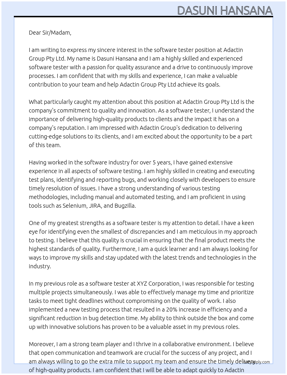 software tester At Adactin Group Pty Ltd Cover Letter