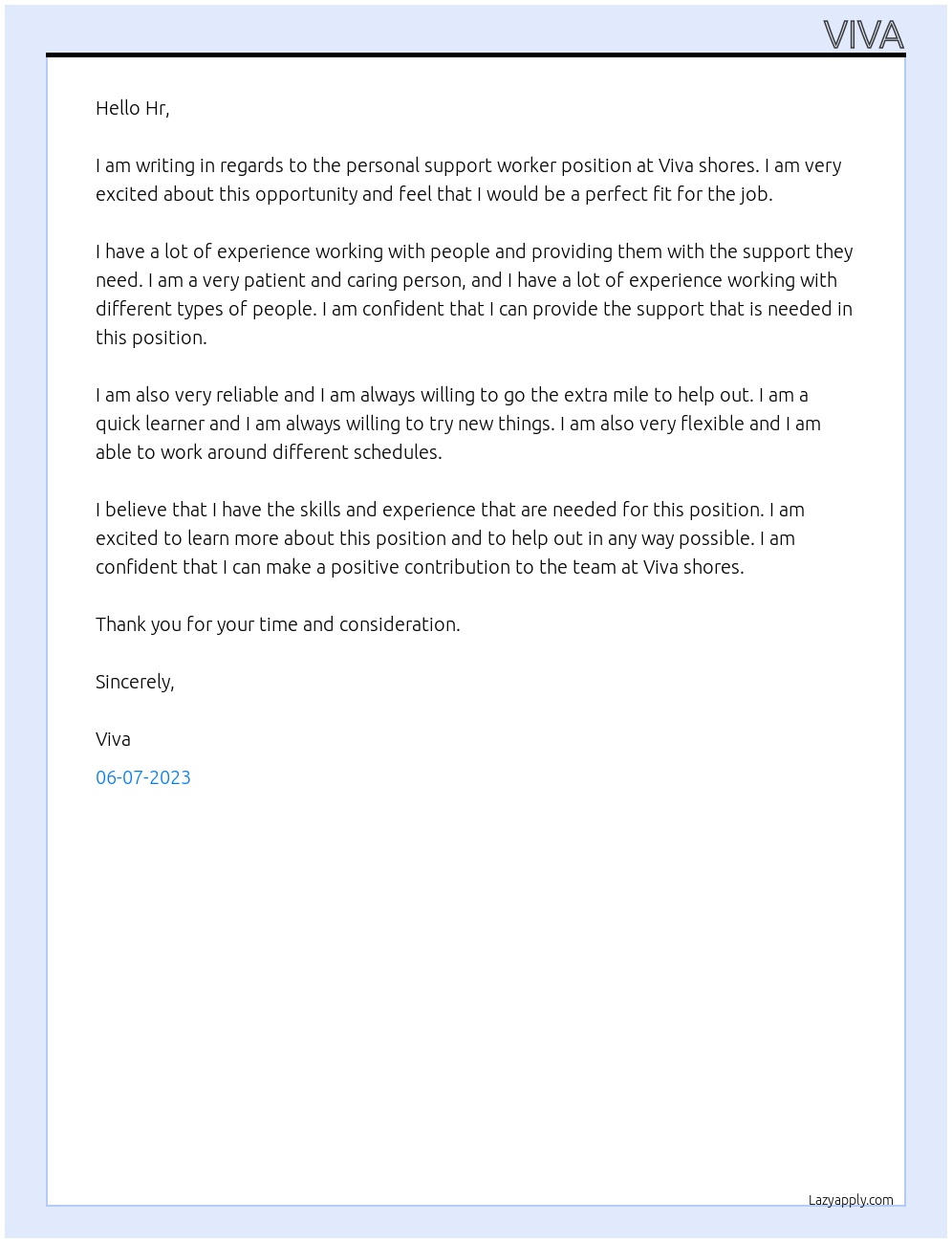 Personal support worker At Viva shores  Cover Letter