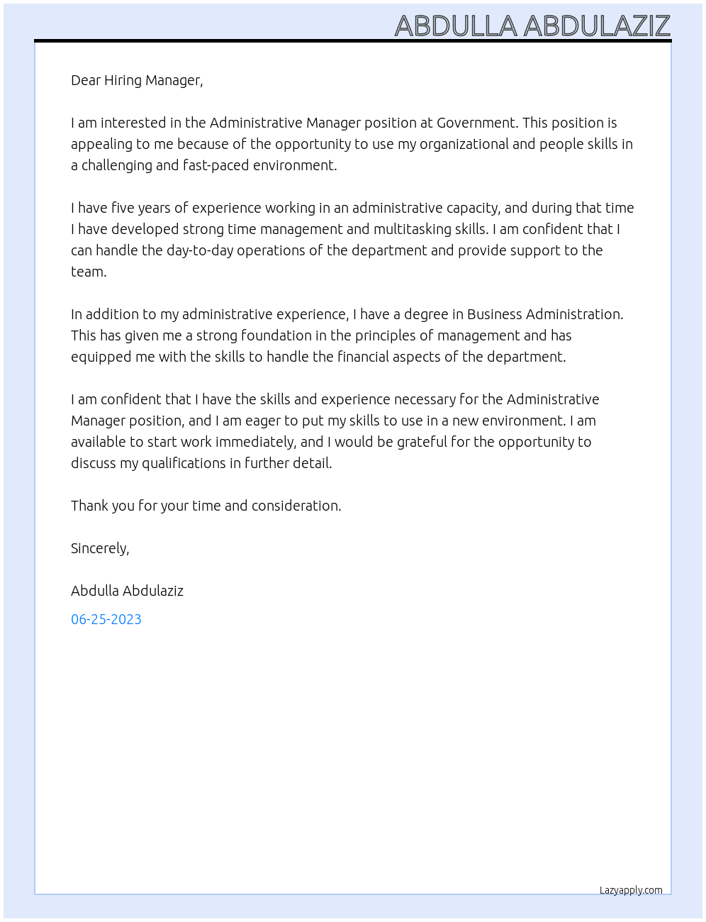 Administrative Manager At Government Cover Letter