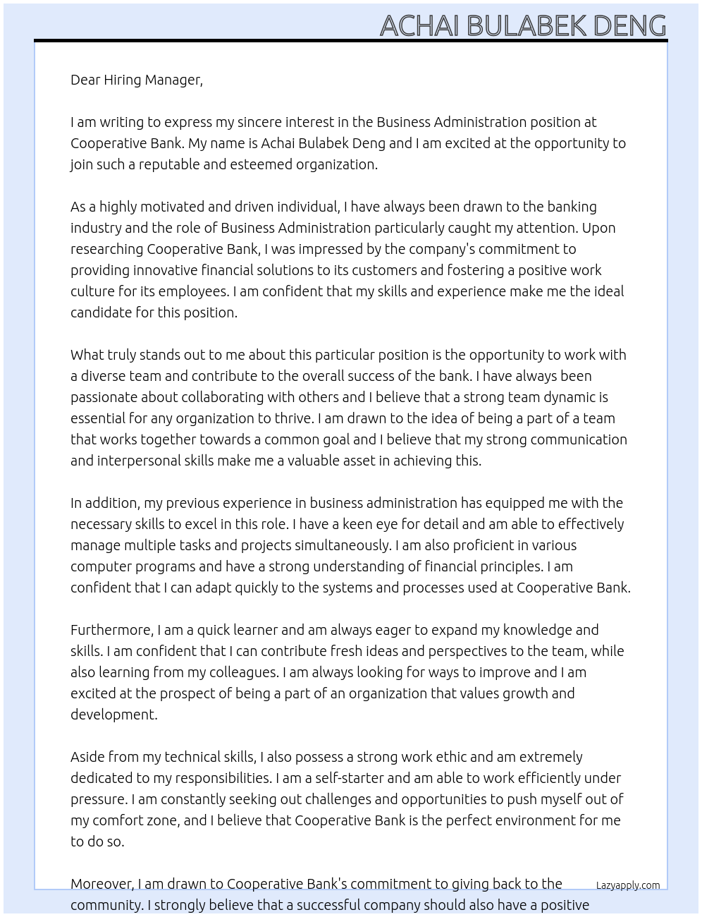 Business Administration At Cooperative bank Cover Letter