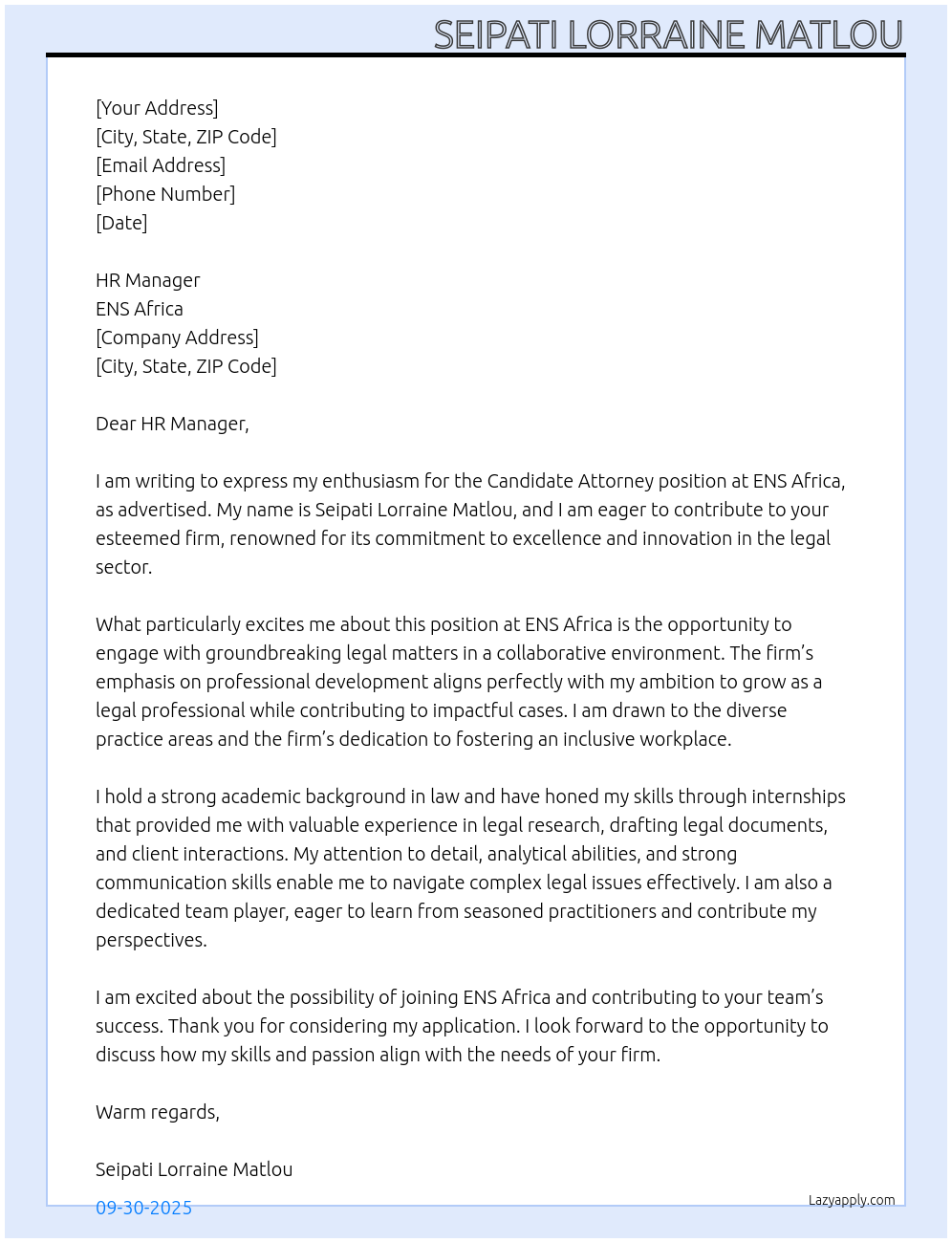 Candidate Attorney At ENS Africa Cover Letter