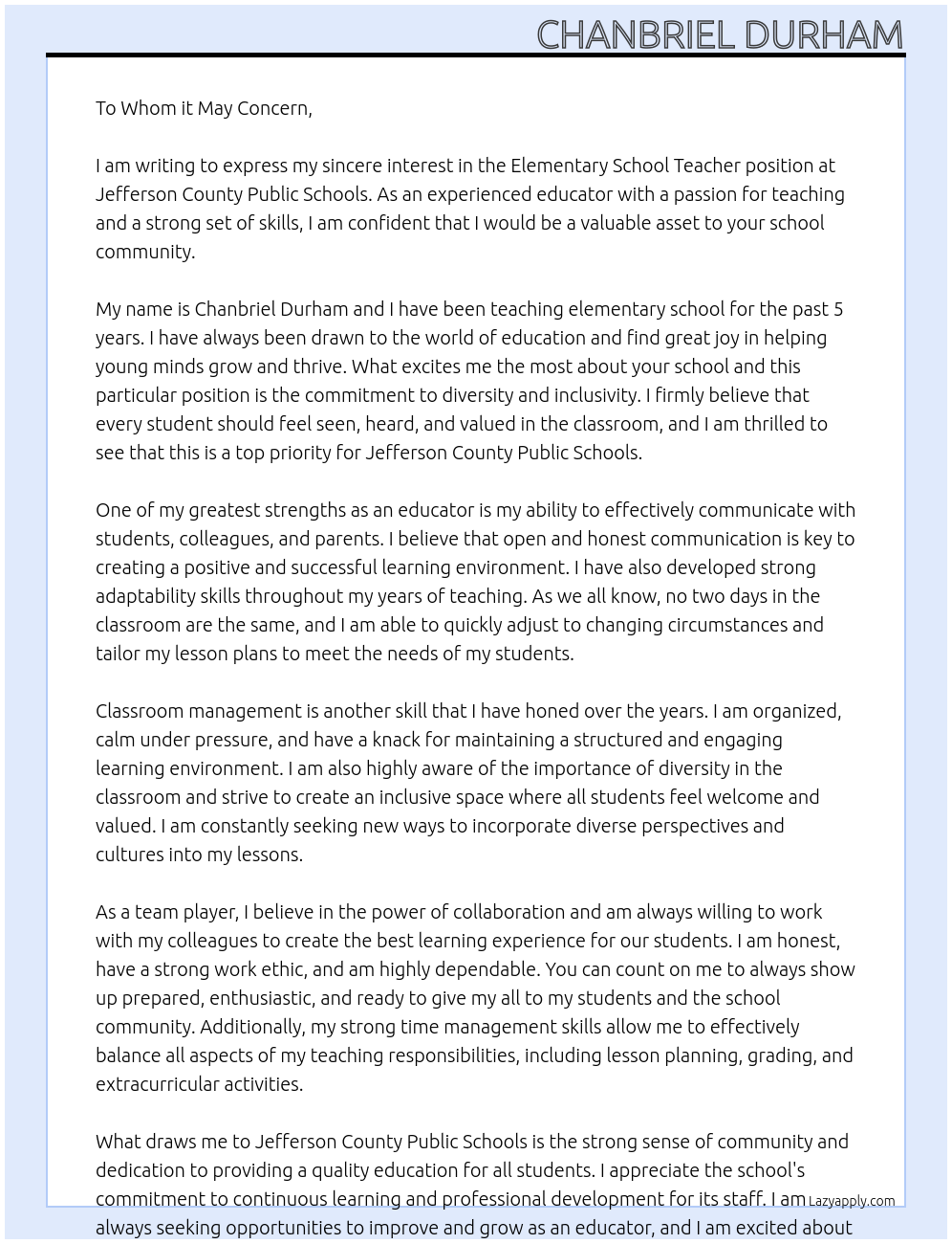 Elementary School Teacher At Jefferson County Public Schools Cover Letter