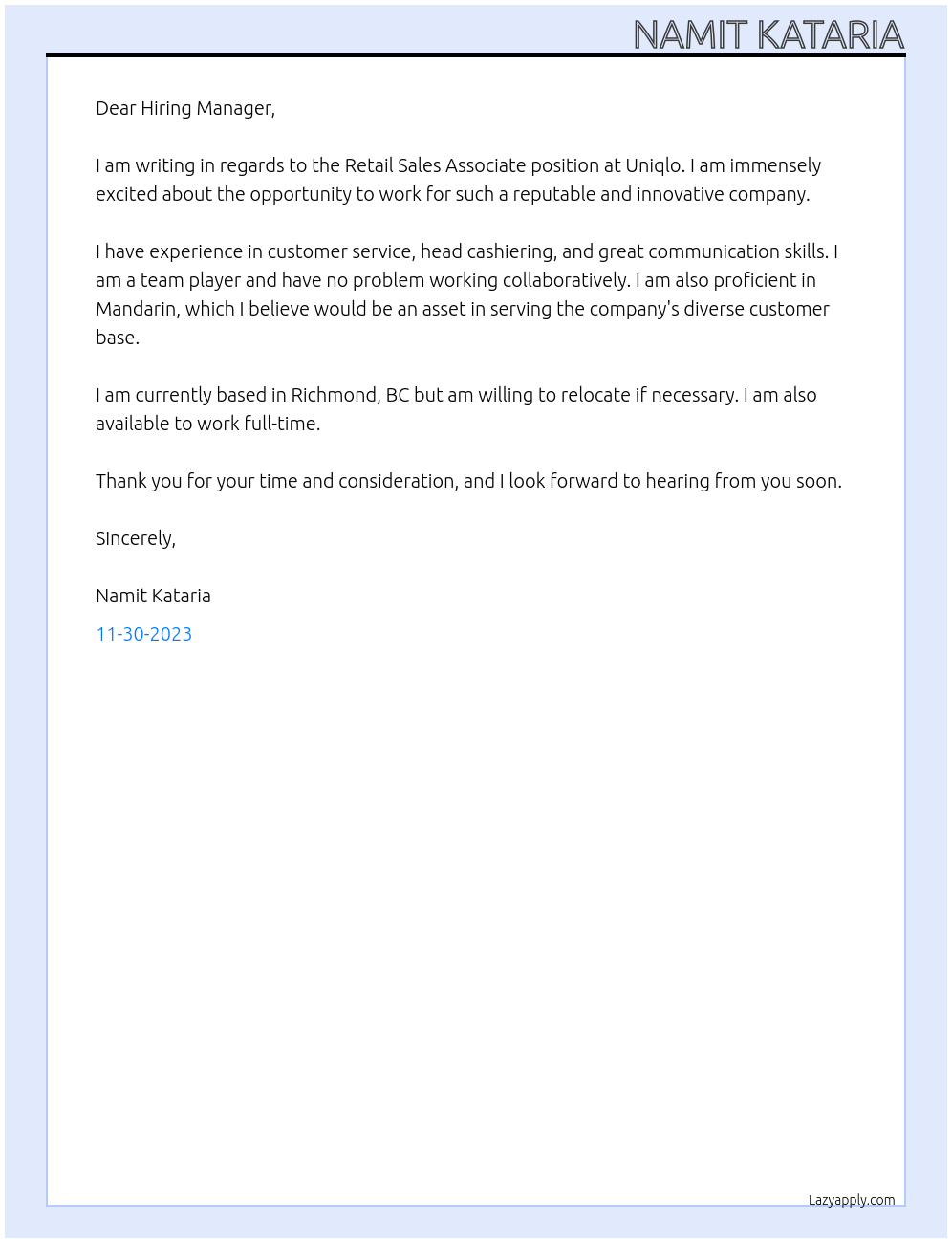 Retail Sales Associate At Uniqlo Cover Letter